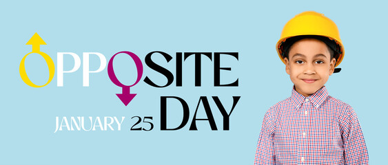 Banner for Opposite Day with little worker on light blue background