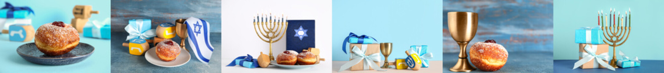 Set of symbols for Hanukkah celebration on light and blue backgrounds