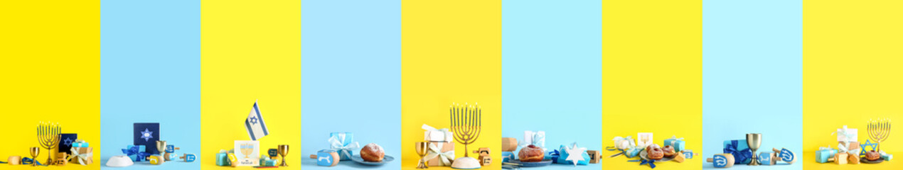 Set of symbols for Hanukkah celebration on yellow and blue backgrounds