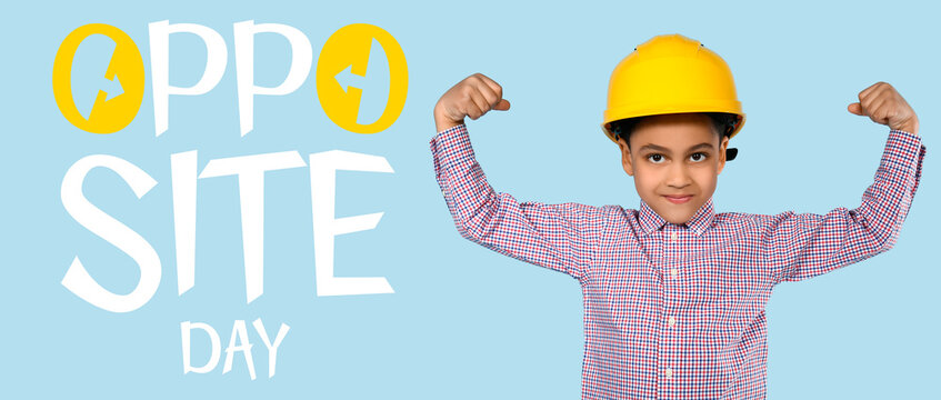 Banner for Opposite Day with little worker on light blue background