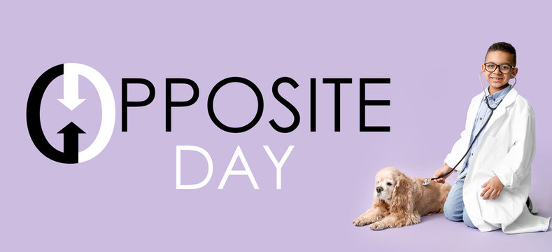 Cute little African-American veterinarian with dog on color background