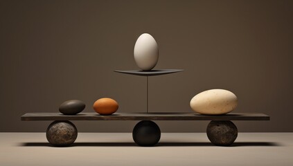 Generative AI image of four eggs sitting on black rock on a scale