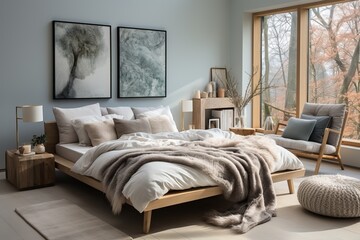 Bedroom designed in the Scandinavian style, featuring a serene and calming ambiance