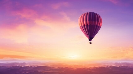 a purple hot air balloon, soaring high and proud, its color blending harmoniously with the sky, with the sun setting in the distance, creating a stunning silhouette, against a pure white background.