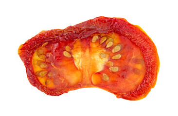 Pile of sundried or dried tomato halves, top view. Clipping paths, shadow separated