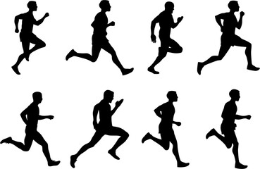 Runners on sprint. Running men, player runners, group of isolated silhouettes on white background. High HD resolution illustration for reuse in race competition poster or banner for media and web.