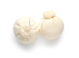 Tasty Burrata cheese on white background