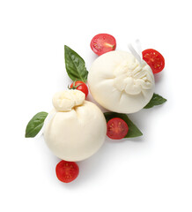 Tasty Burrata cheese on white background