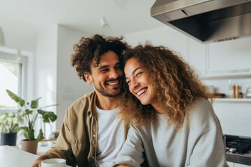 Portrait of couple having a coffee, tea in modern kitchen, mixed race. Spending mornings together. Intimate moment.