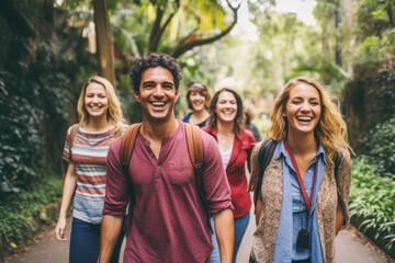 Friends, students walking in zoo, smiling. Studying about wildlife at school excursion. Escape from busy city life. Vacation.