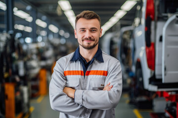 Portrait of worker standing in modern factory for cars, Automotive production line. New electric cars industry. - obrazy, fototapety, plakaty