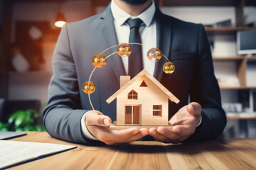 A narrative of modern property sales: a smartly dressed executive holds a house model surrounded by digital symbols, conveying a smart home concept, while presenting cash.