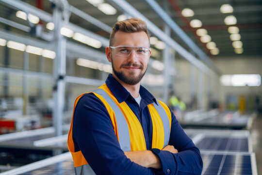 Portrait of worker in factory for solar panels in bright space, modern and sustainable factory. Environmental friendly industry.