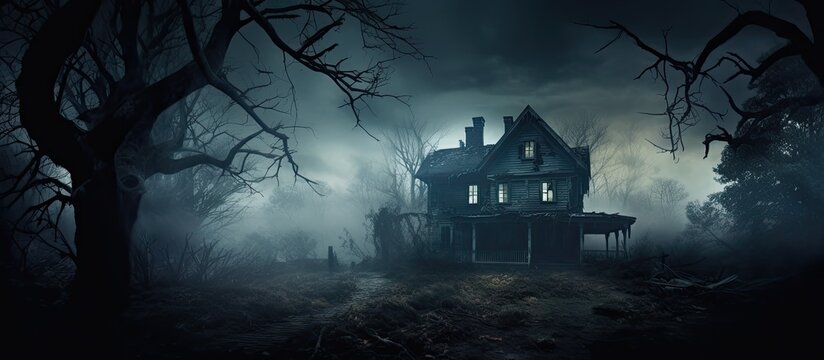 Haunted house, eerie and surrounded by trees.