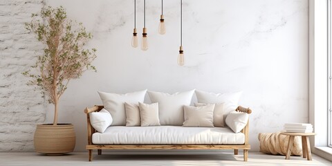 Nordic-style lounge area with two-seater couch and wooden decor - obrazy, fototapety, plakaty