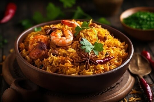 Indian prawn shrimp fried biriyani with basmati rice, 
 Seafood Mughal Indian traditional spicy rice cuisine recipe