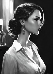 a modern villainess-looking woman holding a wine in the party, looking side view , black and white, classy, looking to a man, Photorealistic, super detailed