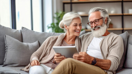 Happy caucasian senior couple bonding in cozy living room, using tablet for communication and relaxation