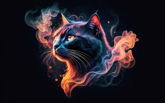 an ethereal and mesmerizing image of an Cat Embrace the styles of illustration, dark fantasy, and cinematic mystery the elusive nature of smoke