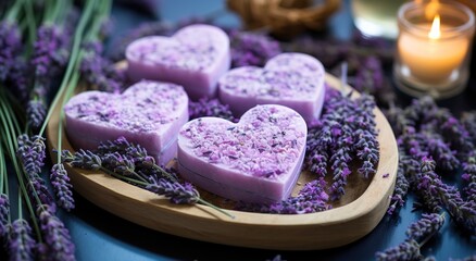 Obraz na płótnie Canvas Homemade Lavender Soap into a heart and round shape.