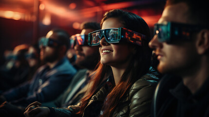 A Group of Friends Are Wearing 3D Glasses and Watching a Movie in the Cinema Hall 