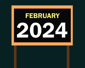 February 2024 text with board vector design isolated on dark background.