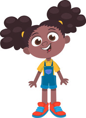 Cute young afro-american girl waving and smiling. Vector cartoon  .illustration of a teenager in casual street clothes presenting. Outlined