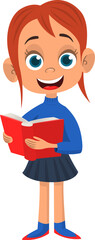 Cute little school girl reading a book. Vector cartoon  .illustration of a teenager in casual street clothes presenting. Outlined