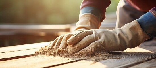 Male hand in protective gloves sandpapers outdoors on wooden surface. Sawdust shines in sunlight. Horizontal close-up with space for text. - obrazy, fototapety, plakaty