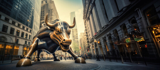 The famous Wall Street Bull gleams in the morning light, embodying economic prosperity. - obrazy, fototapety, plakaty