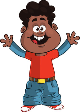 Cute afro-american boy waving and smiling. Vector cartoon  .illustration of a teenager in casual street clothes presenting. Outlined