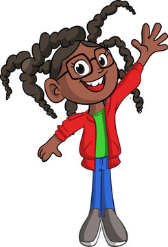 Cute young afro-american girl with dreadlocks  waving . Vector cartoon  .illustration of a teenager in casual street clothes presenting
