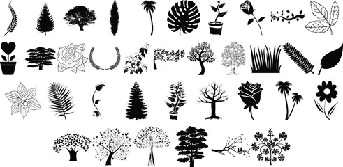 black isolated trees and leafs vector file