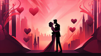 romantic silhouette of a couple embracing on a pink background, art deco style