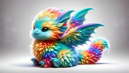 Cute rainbow little dragon. Cartoon character fluffy dragon. Fantasy Funny baby monster with big eyes. Fairy-tale hero. Children book. Illustration of tales. Toy design. Print. Copy space. Grey