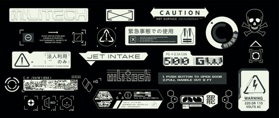 Cyberpunk style decals set. Set of vector car service stickers and labels in futuristic style. Inscriptions and symbols © GraphicPapa
