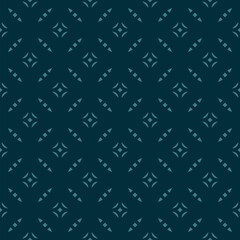 Subtle abstract floral seamless pattern. Vector dark teal green background. Minimalist geometric ornament. Delicate luxury graphic texture with diamonds, flower shapes, grid. Elegant simple geo design