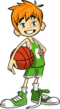 Cute cartoon little boy. .Vector illustration of a teenager basketball player