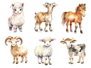 Set of watercolor cartoon farm animals - fluffy alpaca, goat, horse, ram, sheep and cow isolated on white background.
