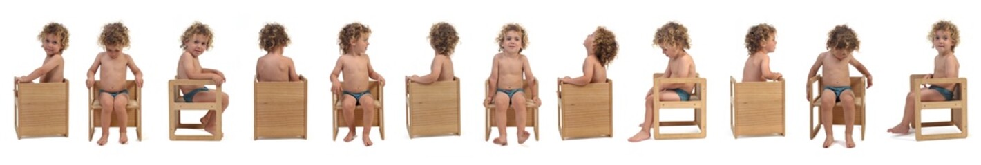 line of large group of same boy in underpants sitting on chair on white background (3 year old)