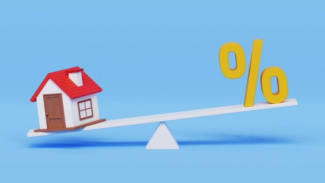 Mortgage payment concept. Investment opportunity, house loan, housing prices increase, interest rate loan payment, financial risk. House and mortgage interest rate percentage. 4k 3d loop animation