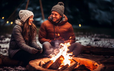 Couple enjoying a romantic campfire in winter outdoors.

