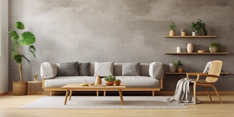 Stylish japandi living room with grey sofa, wooden cubes, personal accessories, creative wall, parquet floor, and copy space. Template.