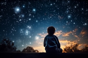 Fototapeta na wymiar Child Gazing at Shimmering Stars in Night Sky