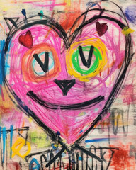 Playful abstract heart face with colorful brushstrokes and graffiti elements