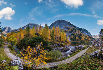 Autumn alpine stream view from mountain hiking path to Tappenkarsee, Kleinarl, Land Salzburg,...