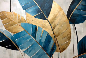 Silhouettes of beautiful plants on canvas.Gold, black, blue and gray colors. Interior painting. Beautiful background. Generative AI.