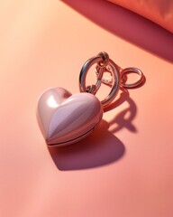 A stylish heart-shaped keychain casts a dramatic shadow on a sleek pink surface under warm light