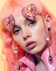 Fototapeta premium Fashion model with candy-pink hair and oversized heart gemstone hair clips against a yellow backdrop