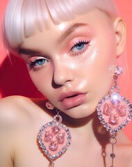 A stunning model with sparkling rhinestone makeup and shimmery earrings for contemporary fashion